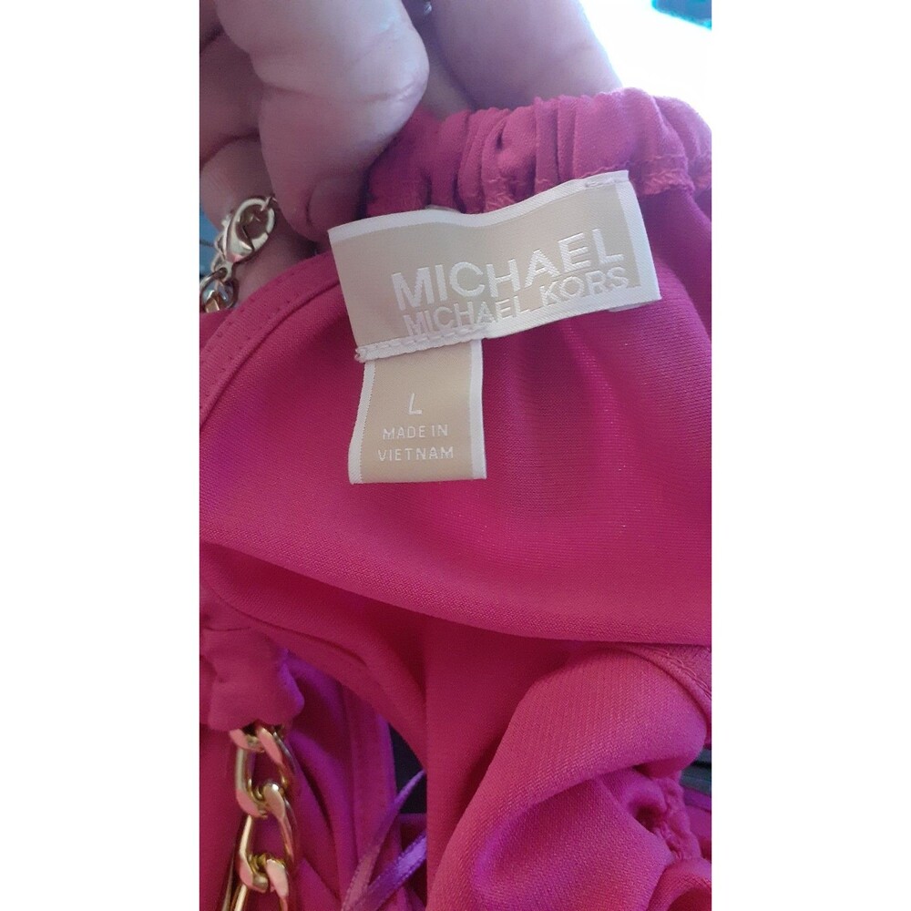Michael Kors Hot Pink Dress SZ Lrg Halter with Gold Chain Neckline Chic Elegant - Picture 7 of 11